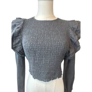2/$30 Zara Gray Smocked Top Small, Ruffle Sleeves, Polyester Cotton Blend